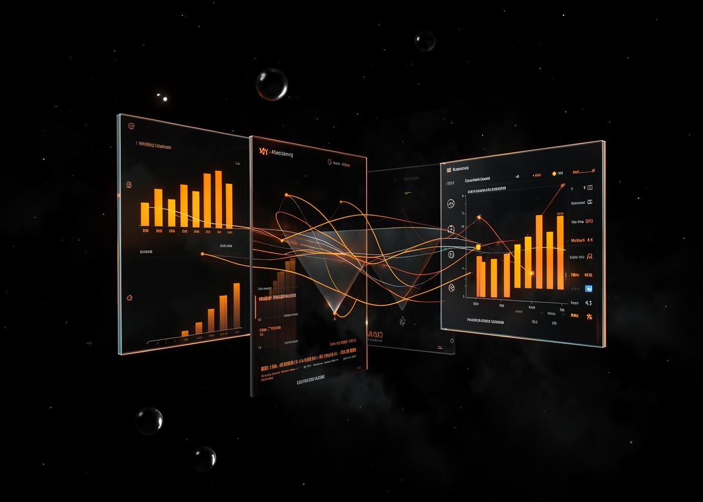 Floating dark campaign dashboards linked by glowing orange attribution lines