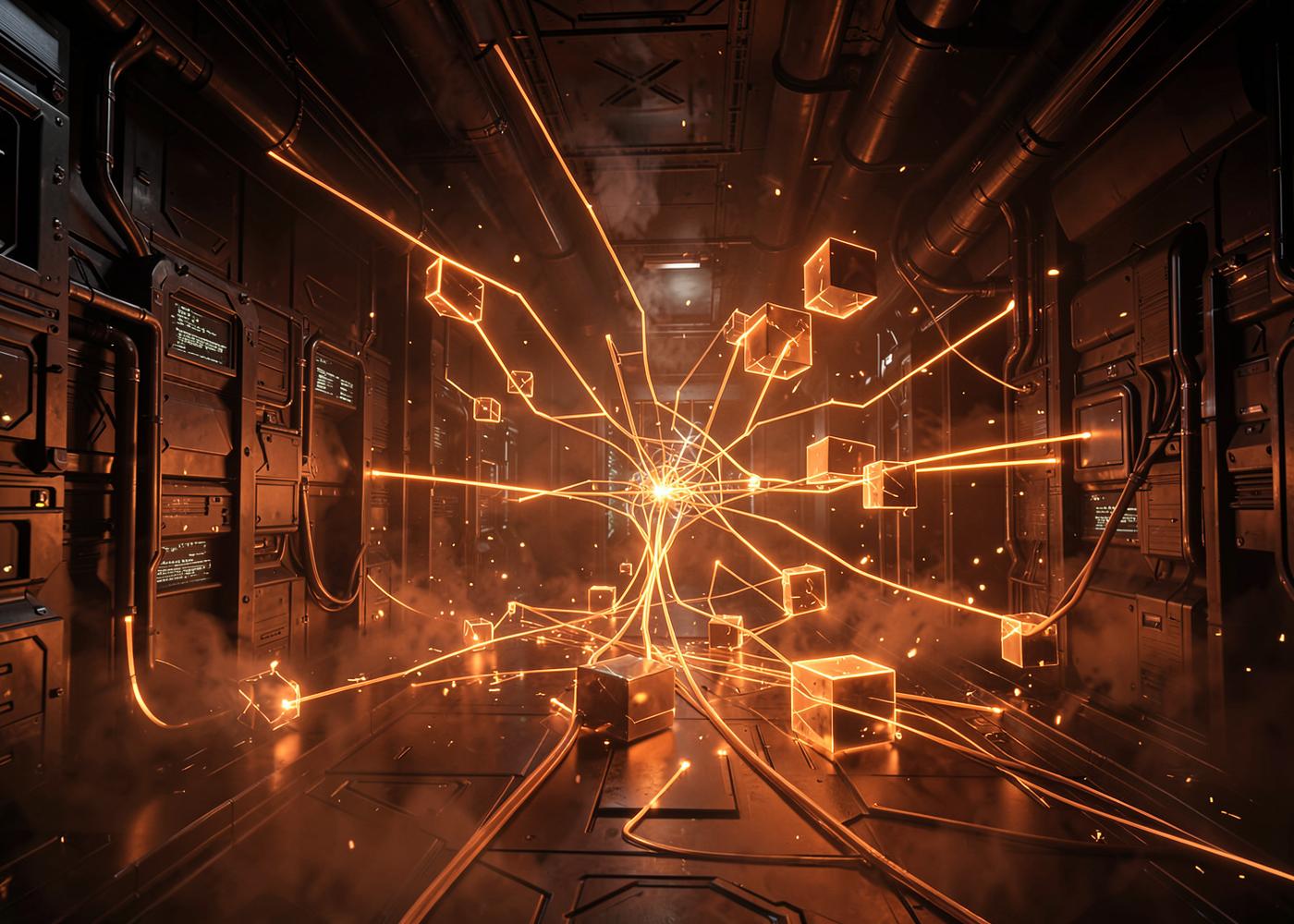 A dark machine hall with glowing orange nodes connected across the space