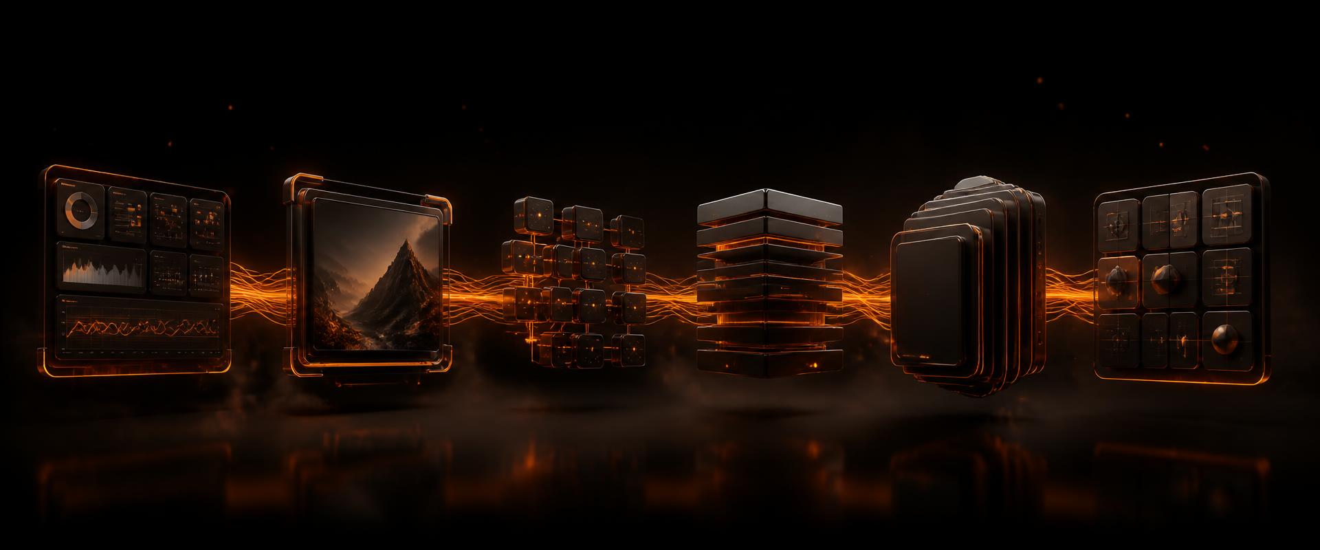 Six dark 3D modules — dashboard, campaign image, workflow nodes, software layers, device shells and design tiles — linked by flowing orange light