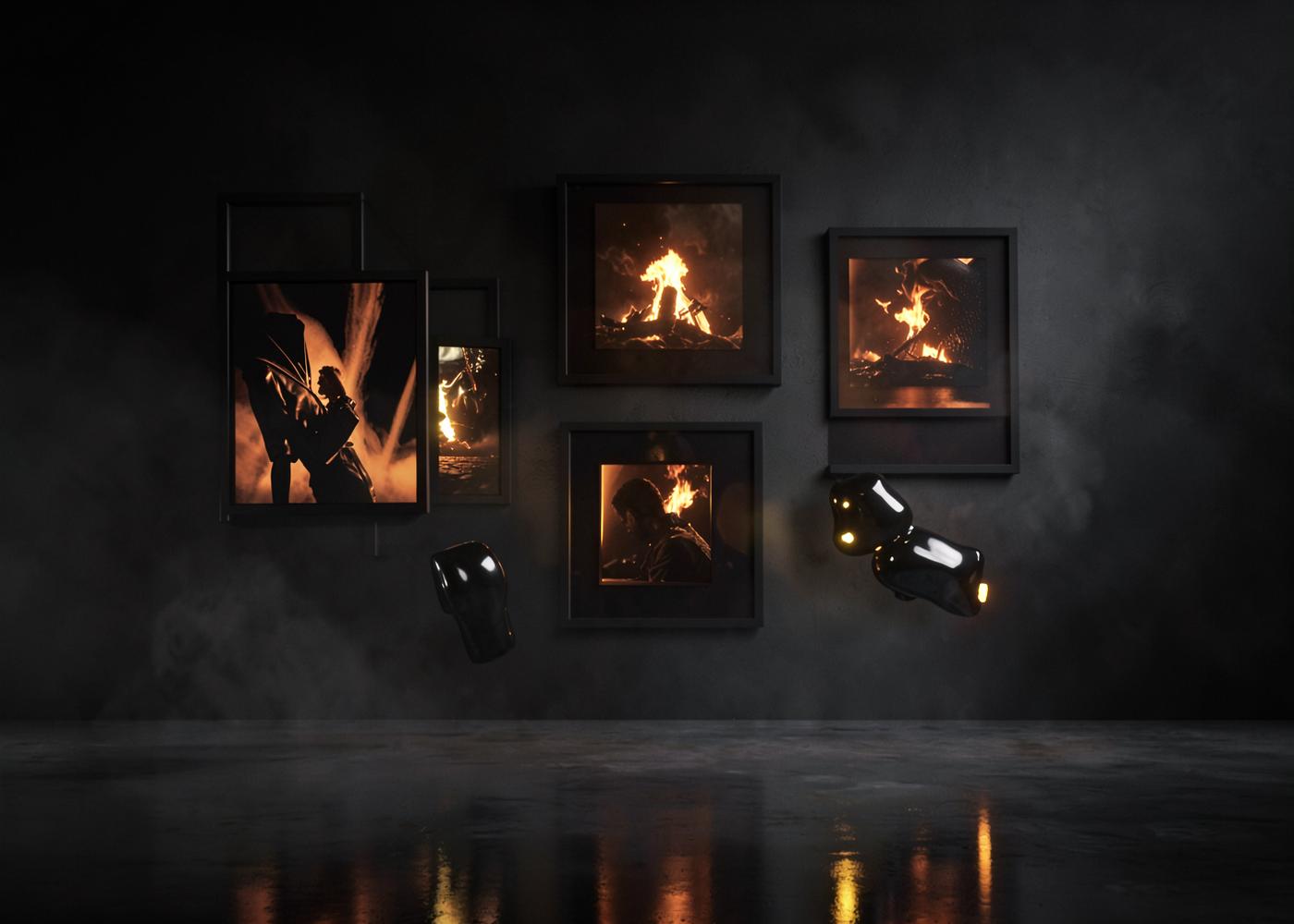 A dark art-direction wall of framed campaign imagery lit in amber