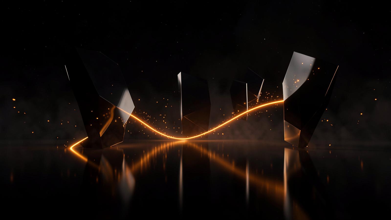 A glowing orange path curving between six dark monoliths above a reflective floor