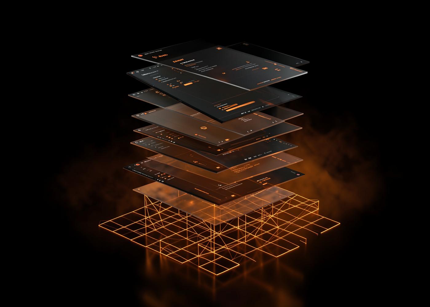 Exploded layers of a dark product interface above a glowing orange architecture grid