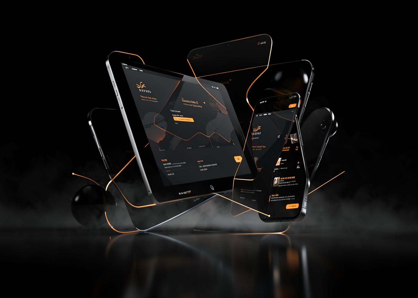 Dark desktop, tablet and phone shells floating with orange accent lines